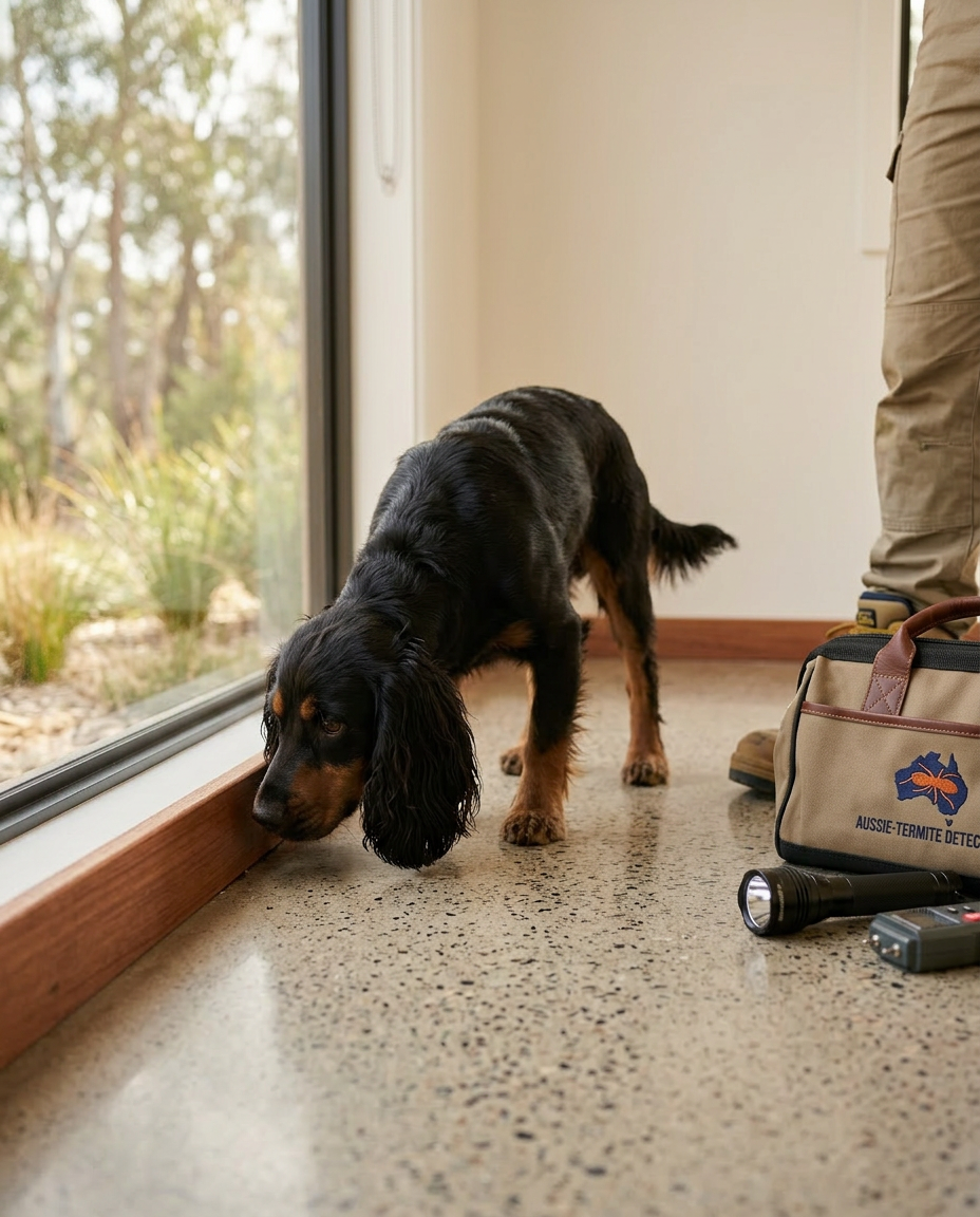 Robuck the Cocker Spaniel inspecting a home for termites