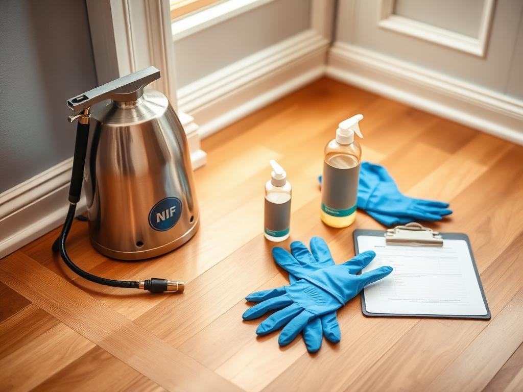 Pest technician treating skirting boards inside a family home